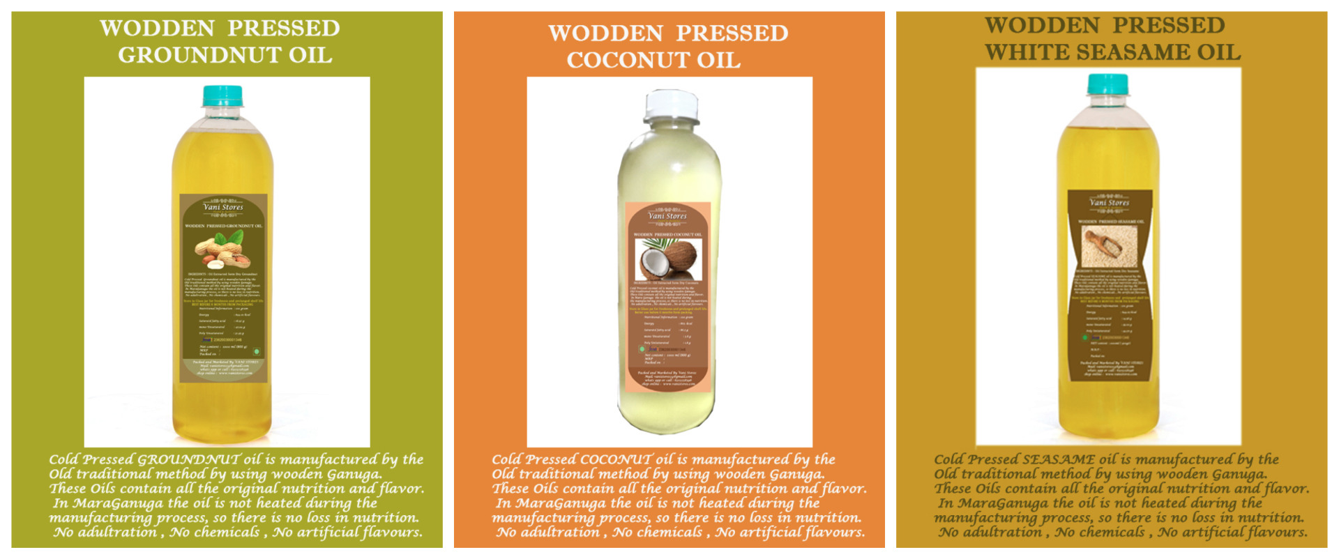 Groundnut oil 300/- lit , Coconut oil 400, Black or White Seasame oil  lit                           450/- lit